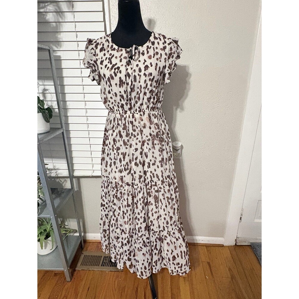 Hayden Los Angeles Animal Print White and Brown Midi Dress NWT Size S